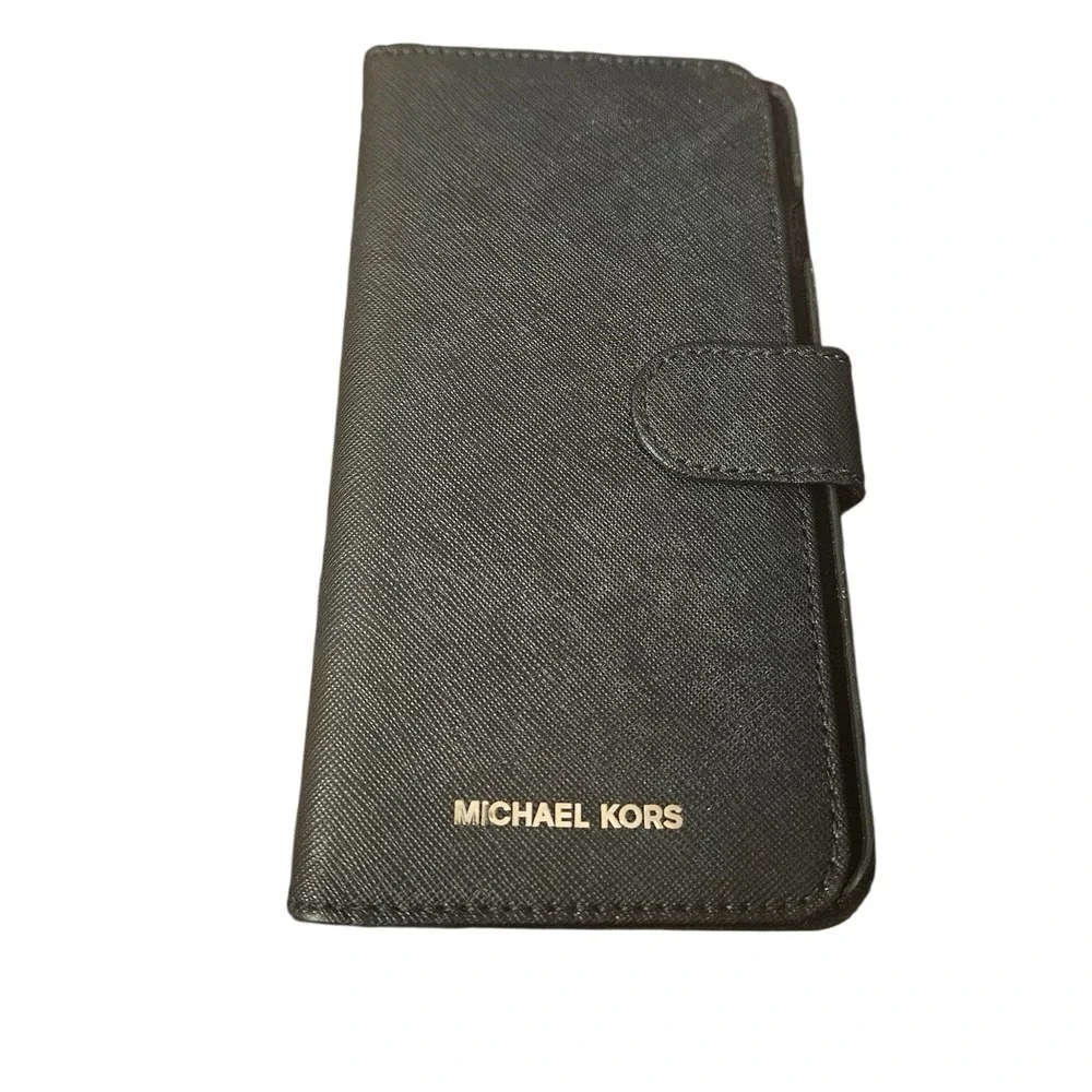 Michael Kors Black Saffiano Leather Folio Wallet Phone Case Gold Logo Hardware